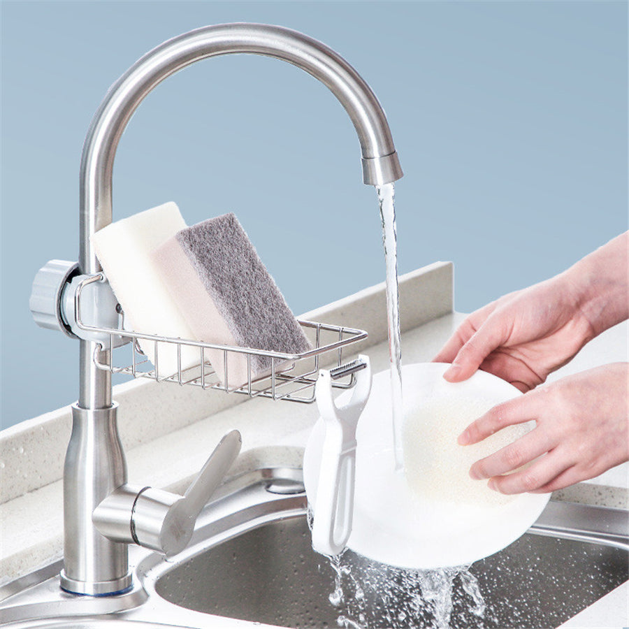 Adjustable faucet-mounted sponge and soap holder