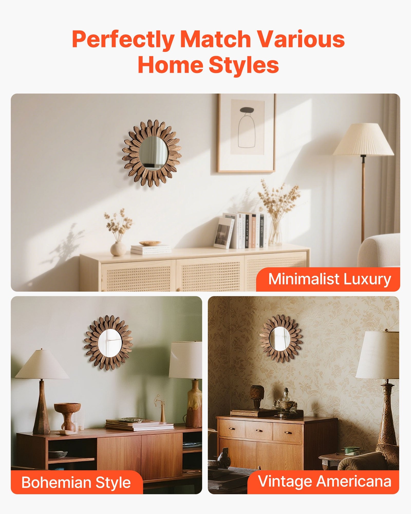 Boho Sunburst Wall Mirror styled on wall