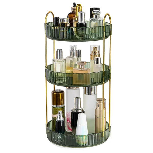 3-tier rotating makeup organizer holding cosmetics