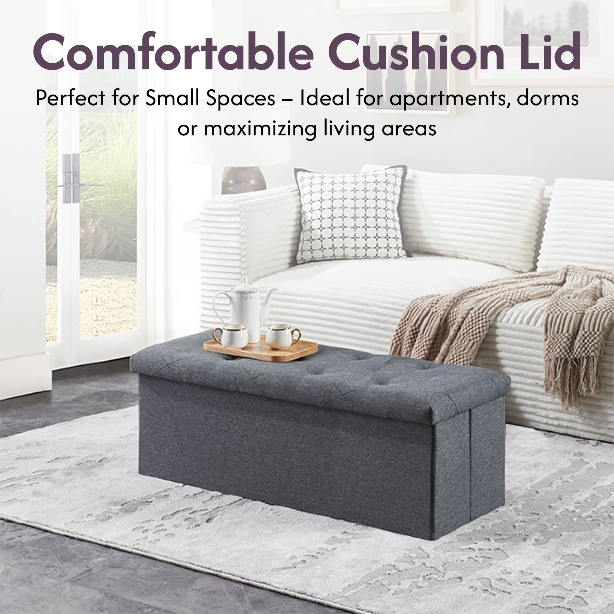 Folding Storage Ottoman Bench open showing storage space