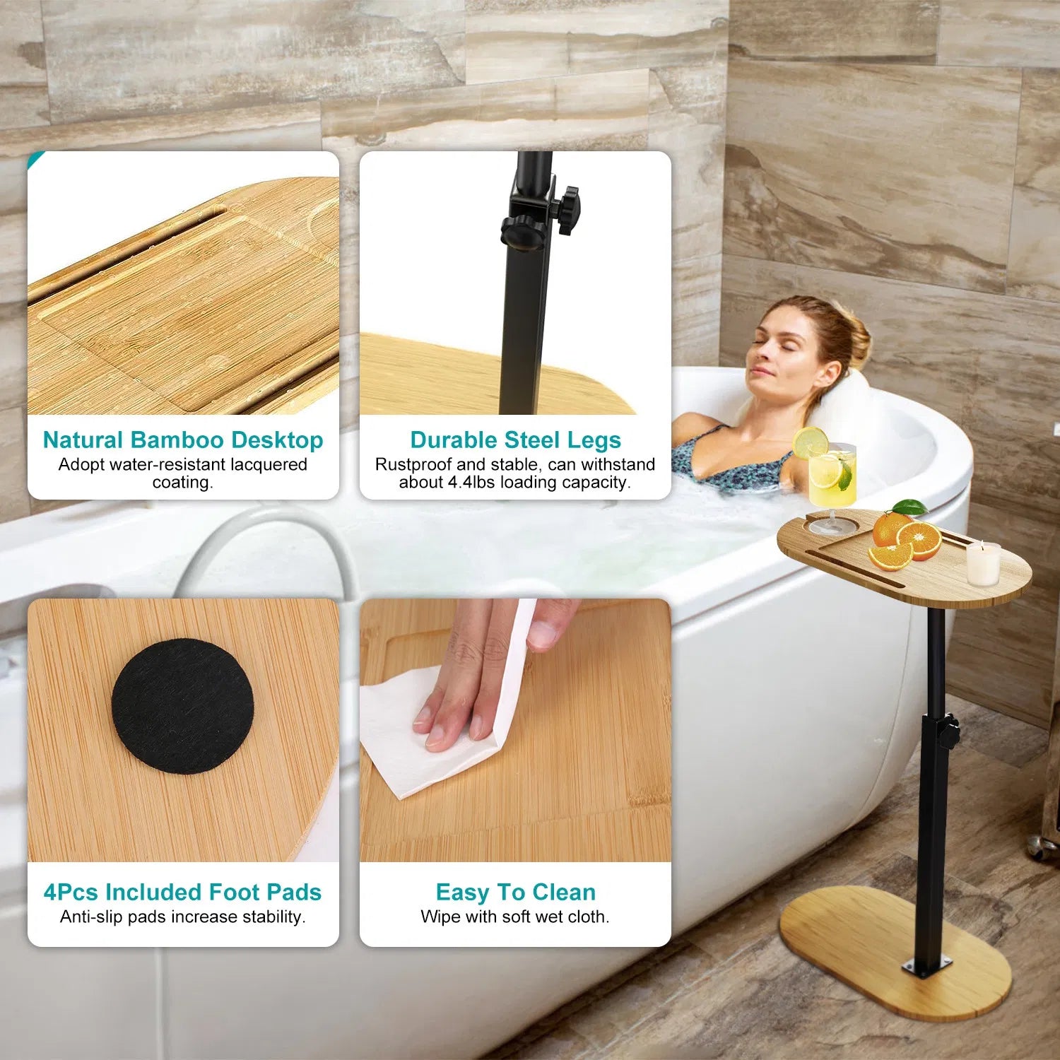 Bamboo bathtub caddy tray styled with bath essentials