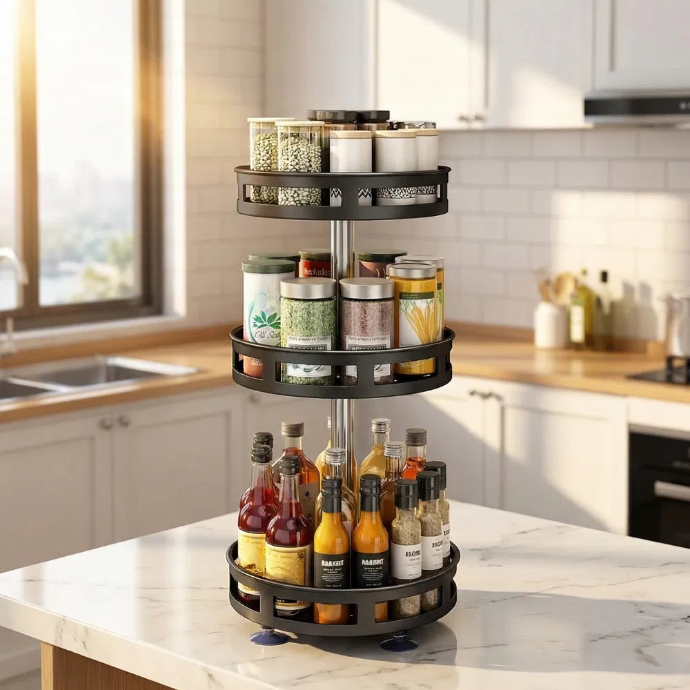 Black 3-tier rotating spice rack organizer, carbon steel turntable