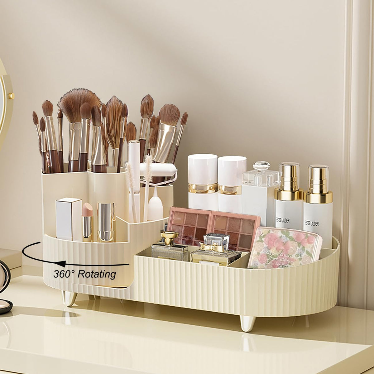 Rotating makeup organizer on a vanity counter