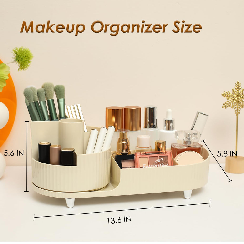 Two-section vanity organizer showing rotating and fixed storage