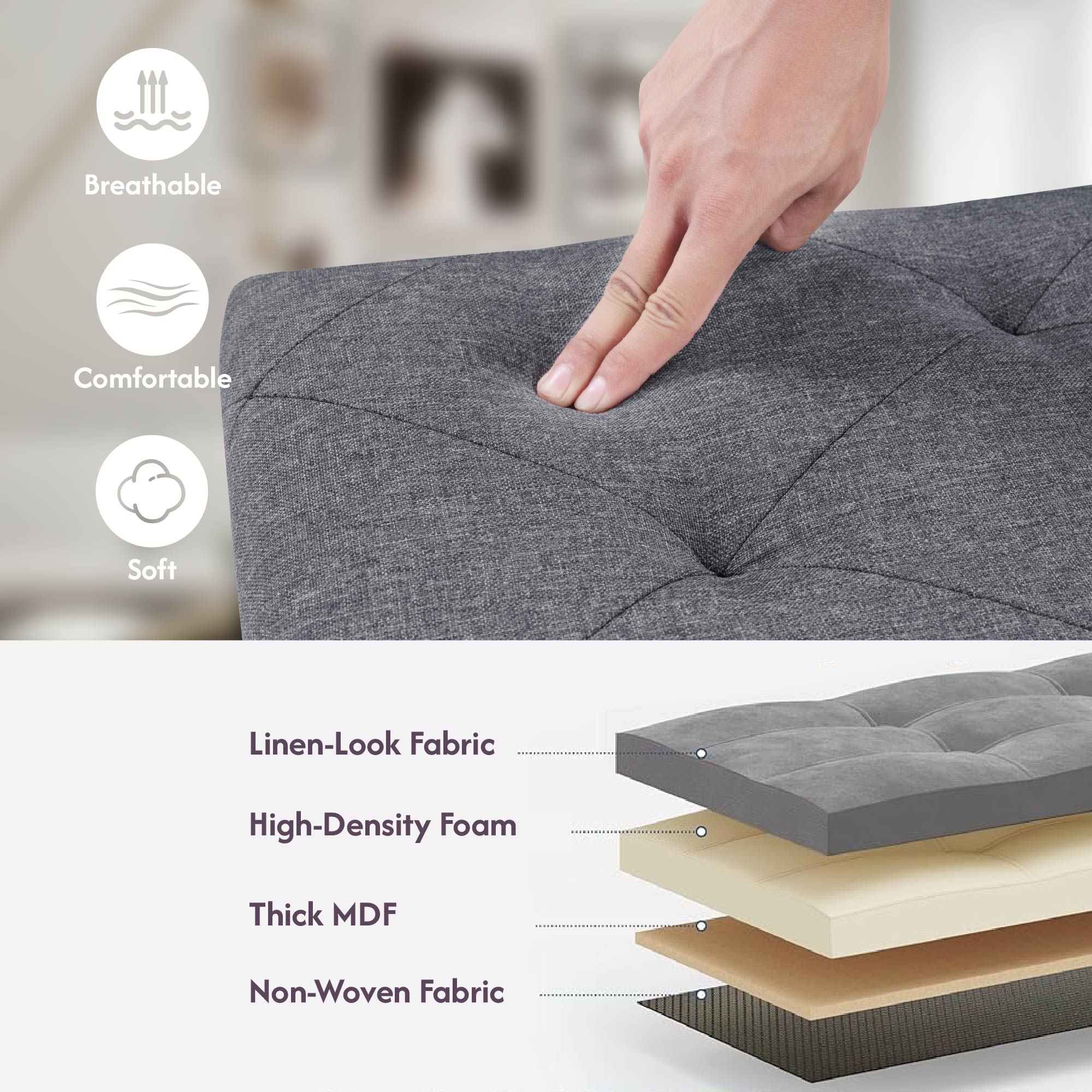 Folding Storage Ottoman Bench styled in a living room