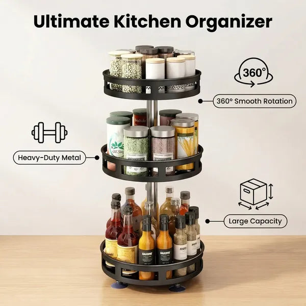 3-tier rotating spice rack organizer on kitchen counter