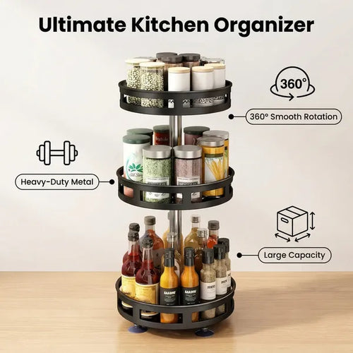 3-tier rotating spice rack organizer on kitchen counter