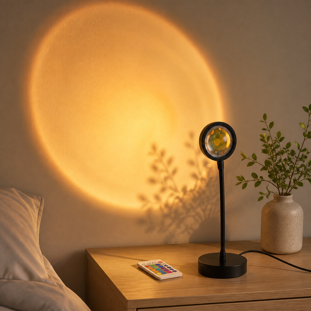 Black sunset projection lamp with remote casting a warm golden circle in a softly lit bedroom