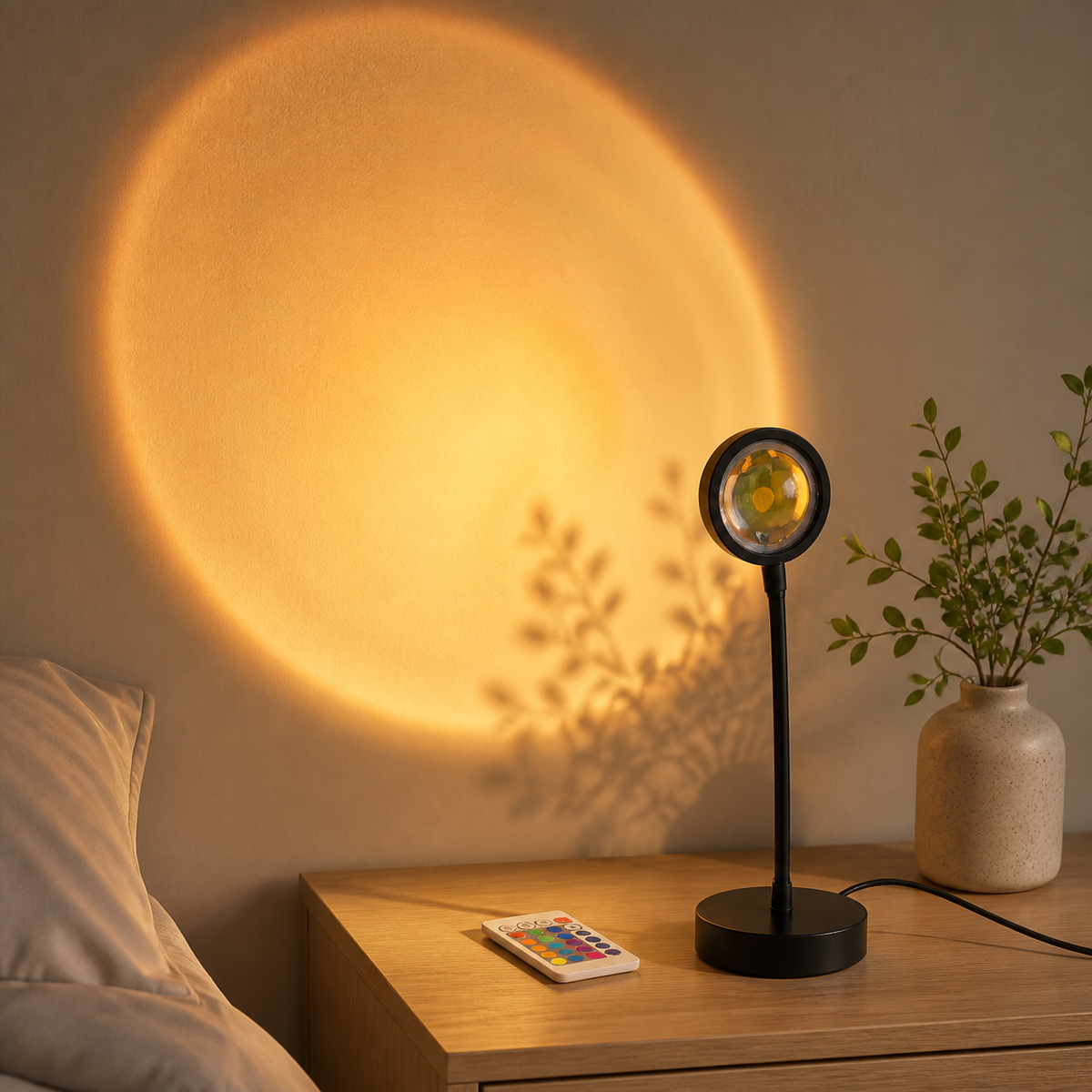 Black sunset projection lamp with remote casting a warm golden circle in a softly lit bedroom