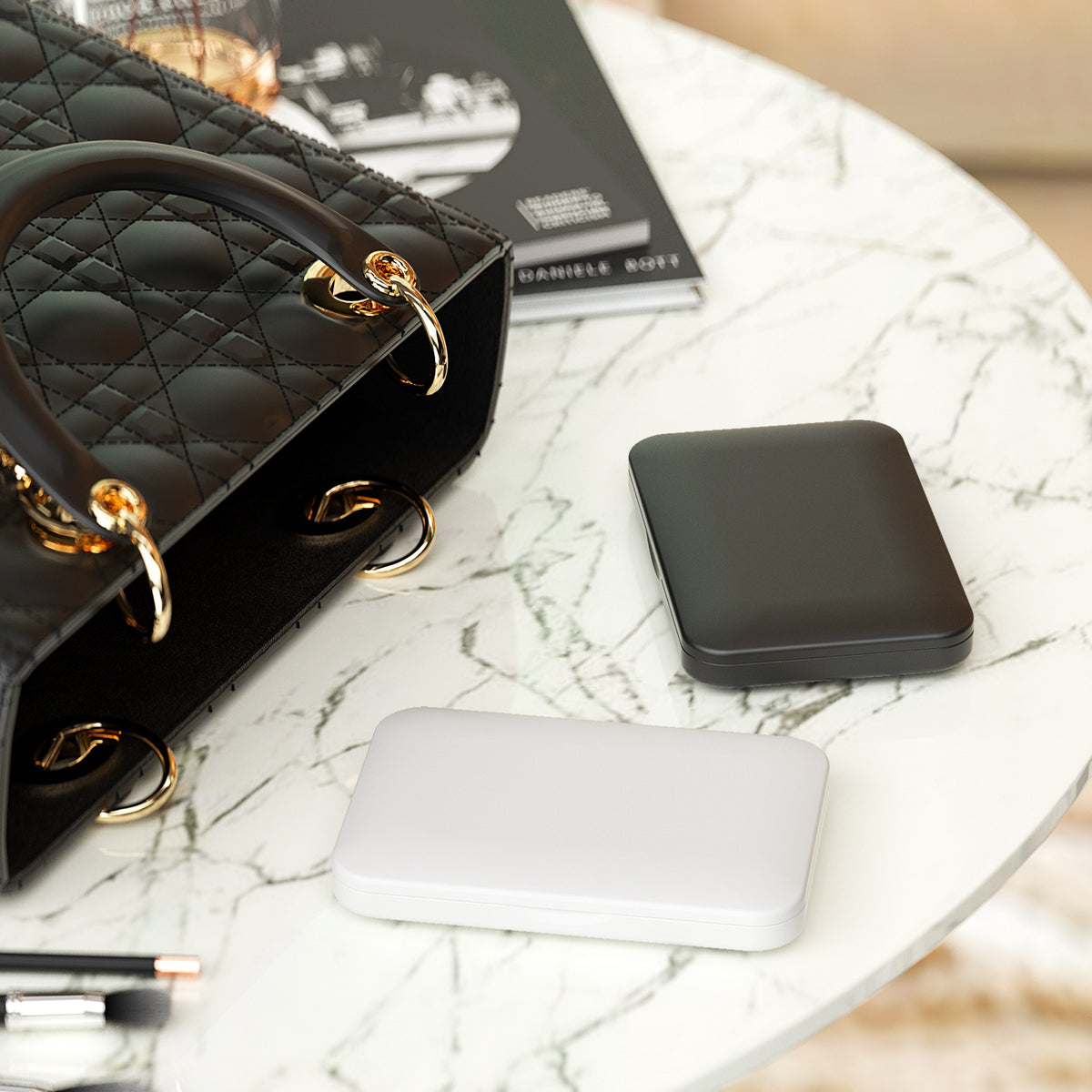 Compact lighted mirror shown for travel or vanity use